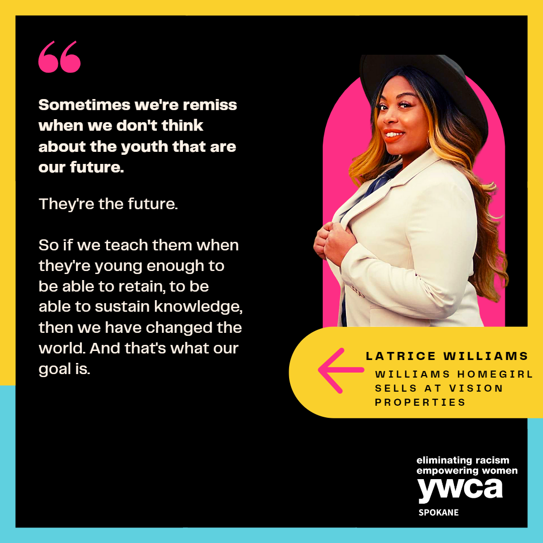 Image of a Black woman with long wavy hair, wearing a black hat and tan blazer with text that reads, "Sometimes we're remiss when we don't think about the youth that are our future. They're the future. So if we teach them when they're young enough to be able to retain, to be able to sustain knowledge, then we have changed the world. And that's what our goal is."