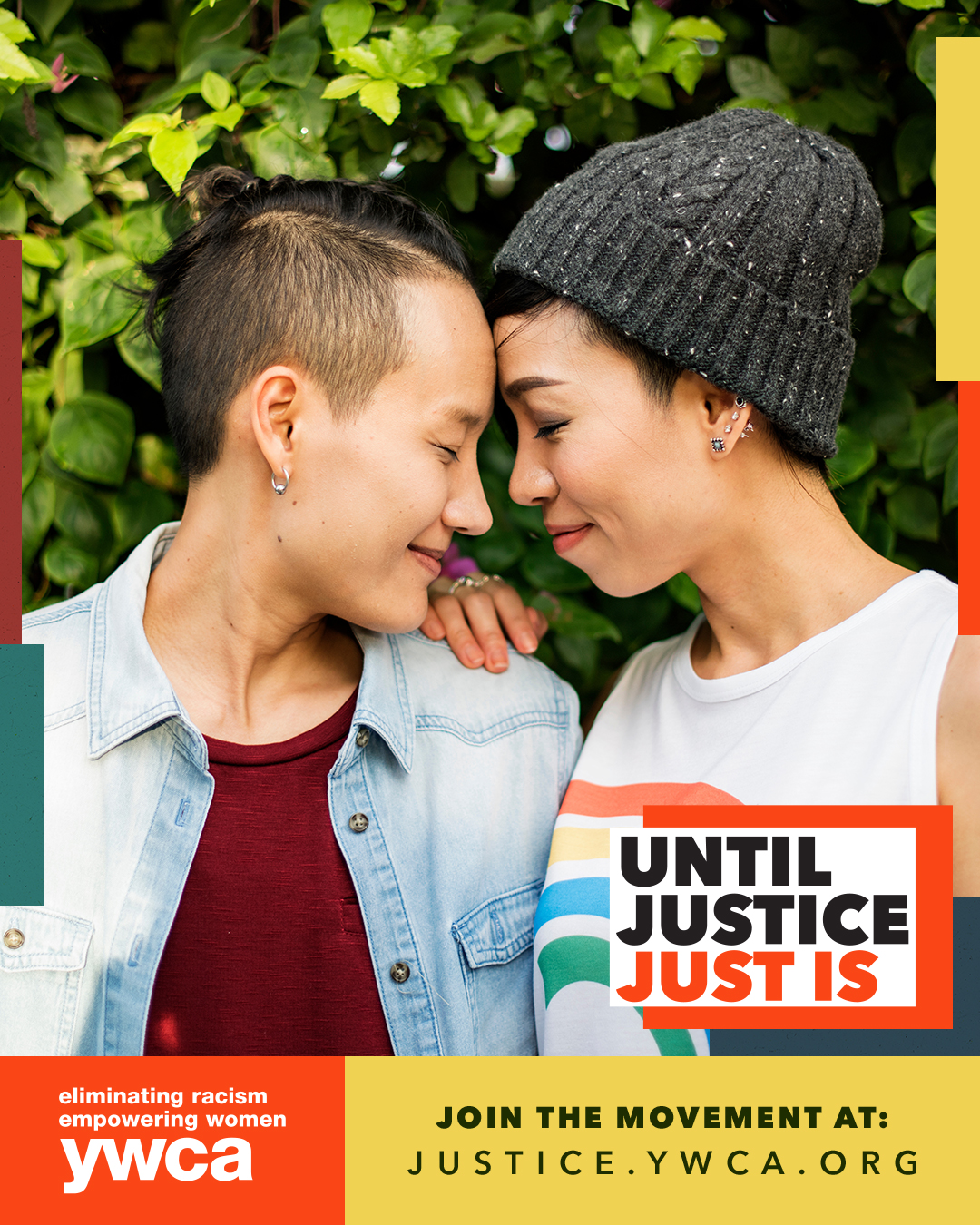 Image of two east Asians in a caring embrace with text that reads, "Until Justice Just Is."