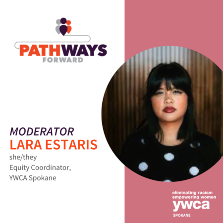Image with white and light red background of a brown, Filipino woman with dark hair and eyes, wearing a black and white polka dot sweater. Text reads, "Moderator: Lara Estaris, she/they, Equity Coordinator, YWCA Spokane