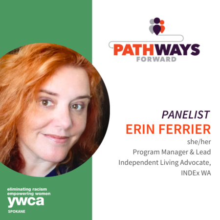 Image of green and white background of a white woman with long, wavy, red hair and hazel eyes. Text reads, "Panelist: Erin Ferrier, she/her, Program Manager & Lead Independent Living Advocate, INDEx WA."