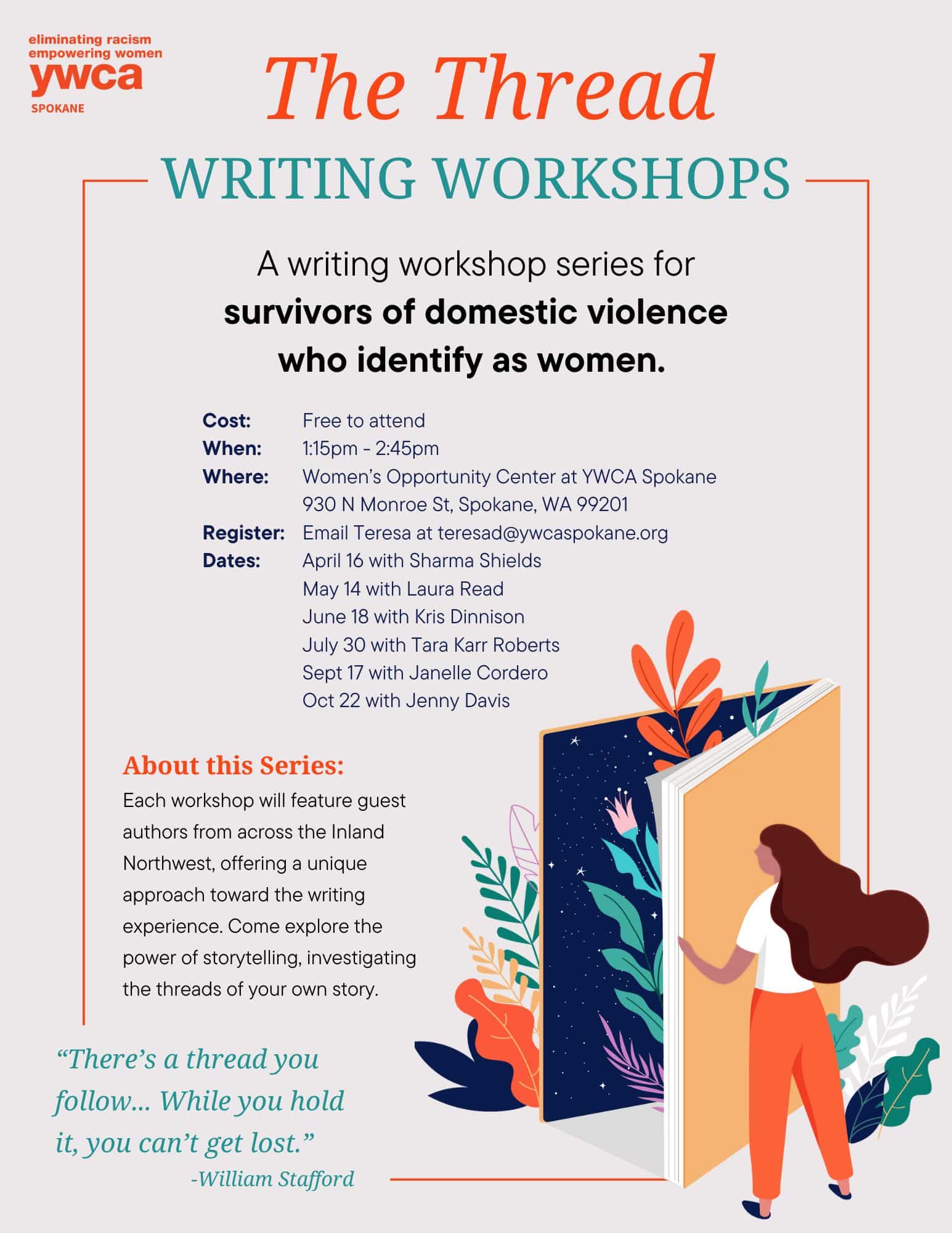 Flyer highlighting YWCA Spokane's writing workshop series called The Thread, available for free to survivors of domestic violence who identify as women. 