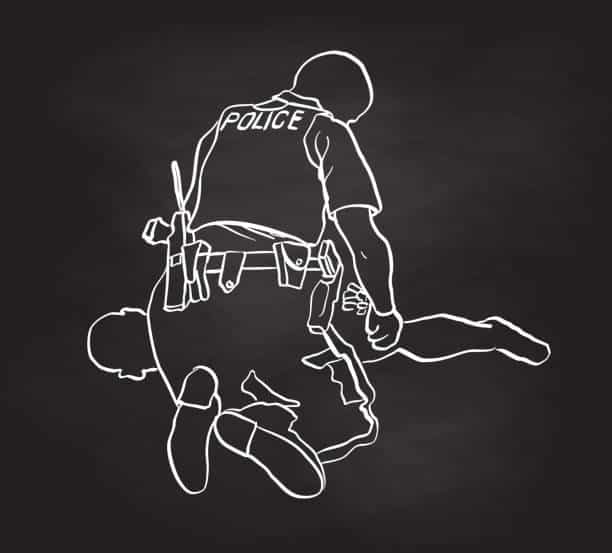 Chalkboard illustration of a policeman arresting a person after wrestling them to the ground.